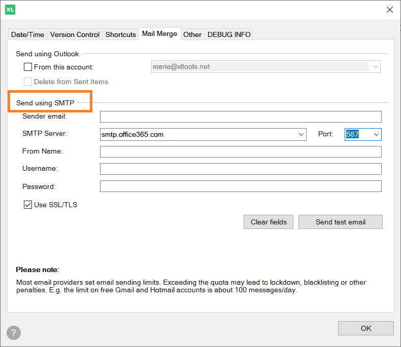Set SMTP settings and connect Mail Merge to your email account