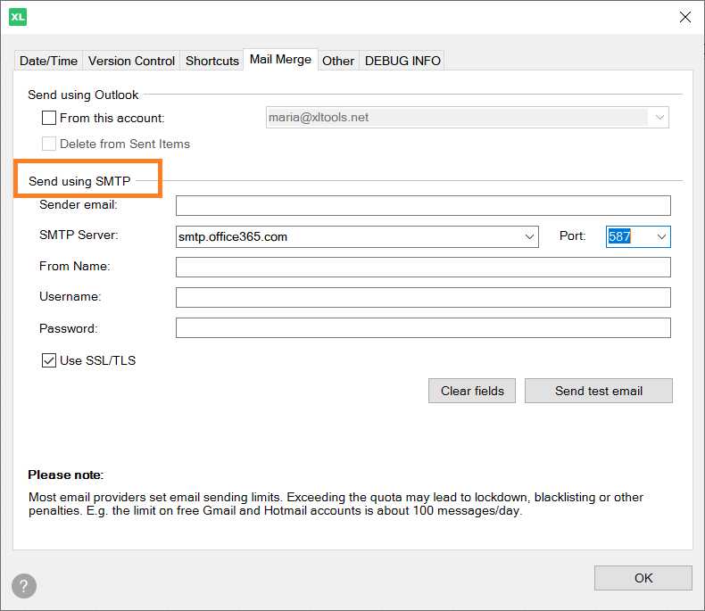 Set SMTP settings and connect Mail Merge to your email account