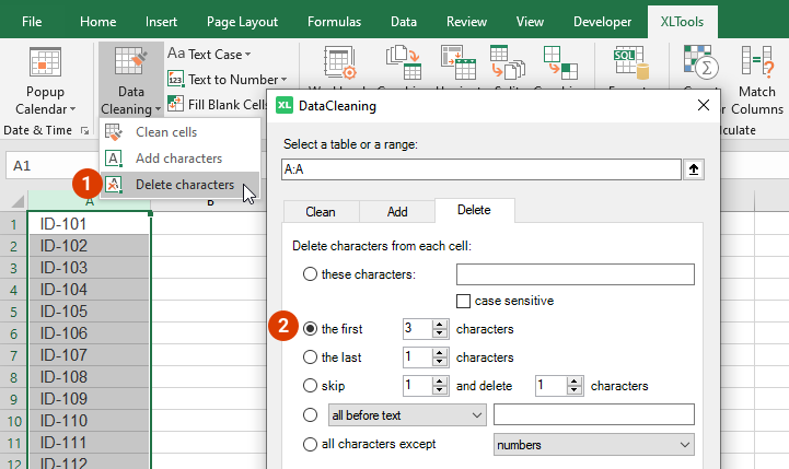 Select the range where to delete characters
