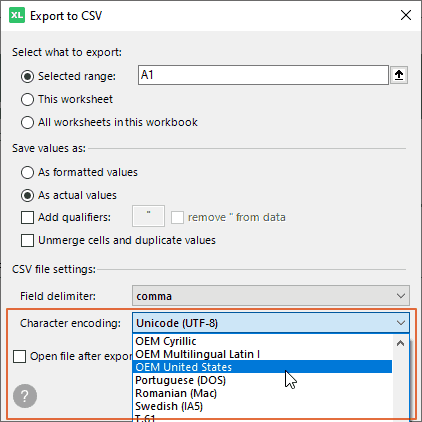 Export Excel tables to CSV with any character encoding