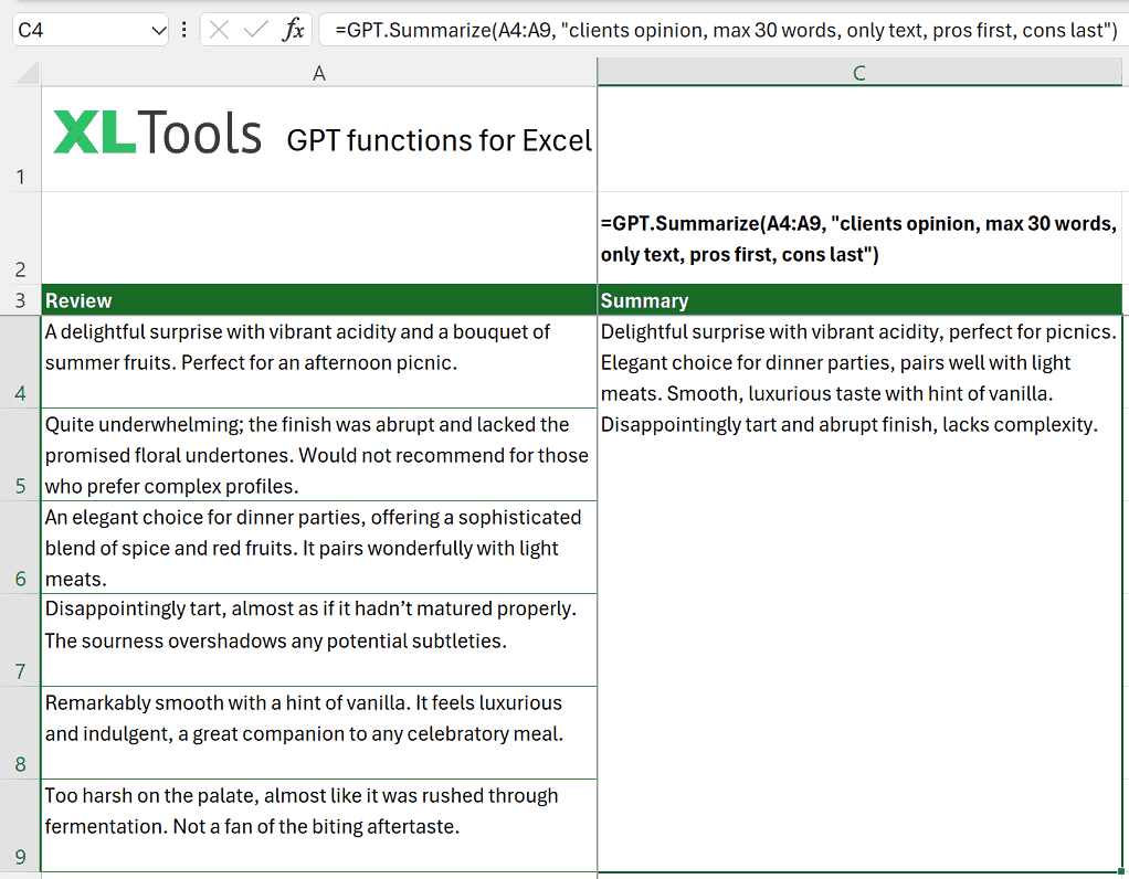 How to use GPT.Summarize function in Excel: formula and examples