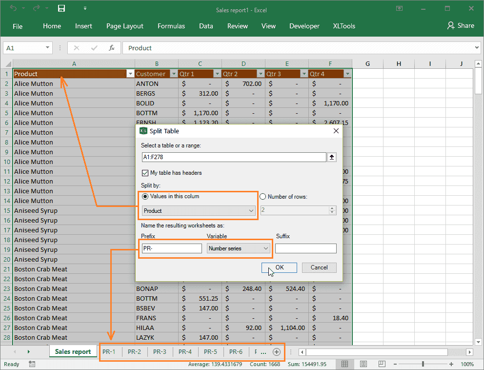 Split table into worksheets by column value