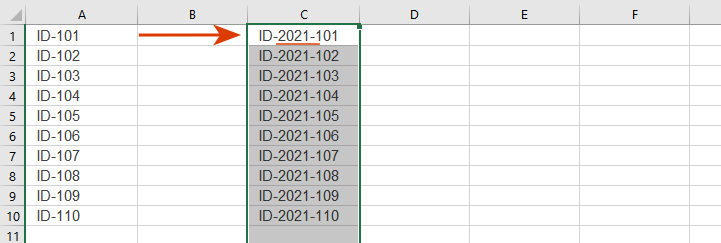 See result: the substring is added in the middle of each cell