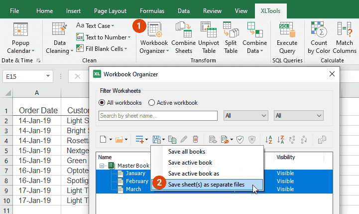 Select the worksheets in Workbook Organizer and export them to CSV