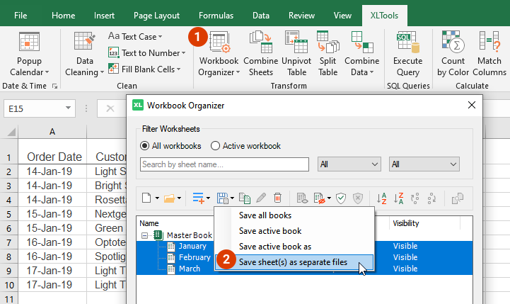 Select the worksheets in Workbook Organizer and export them to CSV