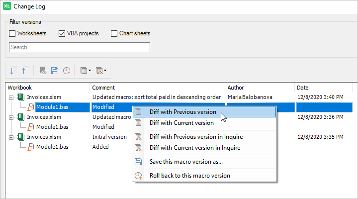 Version Control: how to diff VBA module version with the previous or current versions