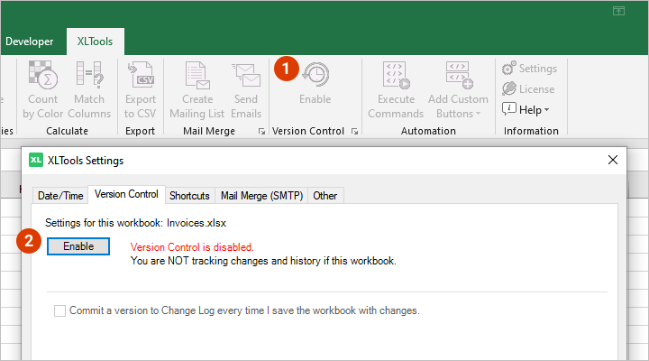 How to enable XLTools Version Control for a spreadsheet