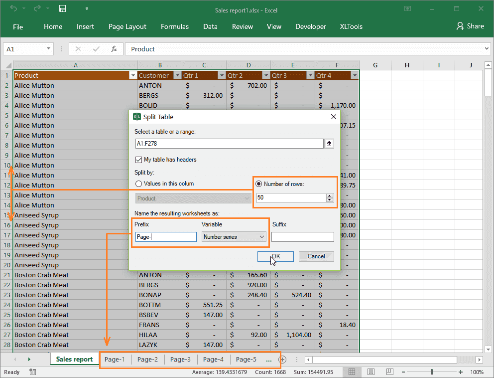 Split table into worksheets by number of rows