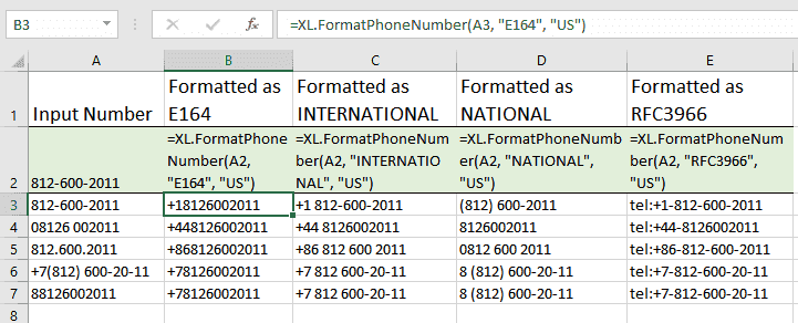 How to use FormatPhoneNumber function for Excel: formula and results