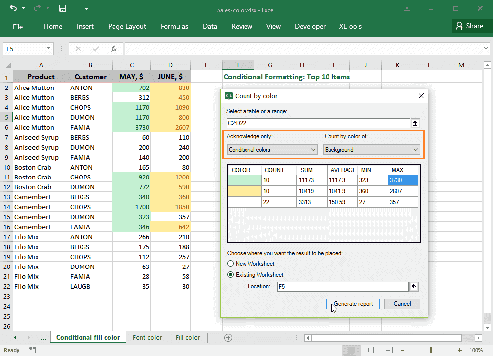 Count values by conditional color in Excel