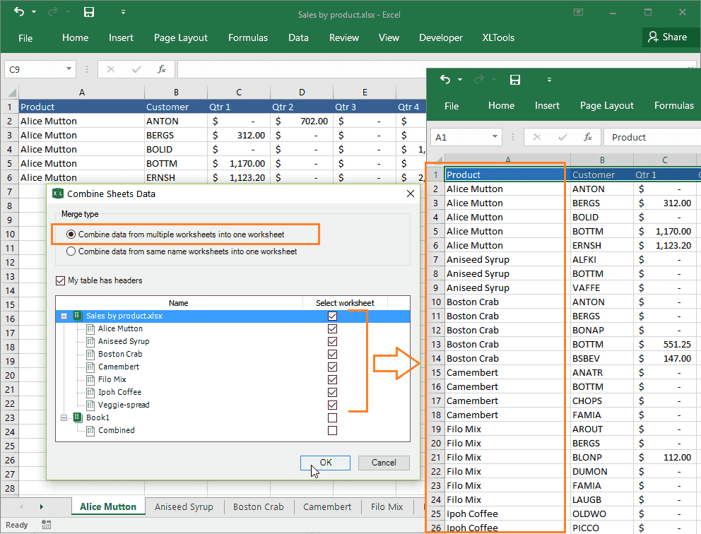 Combine data from multiple worksheets into one
