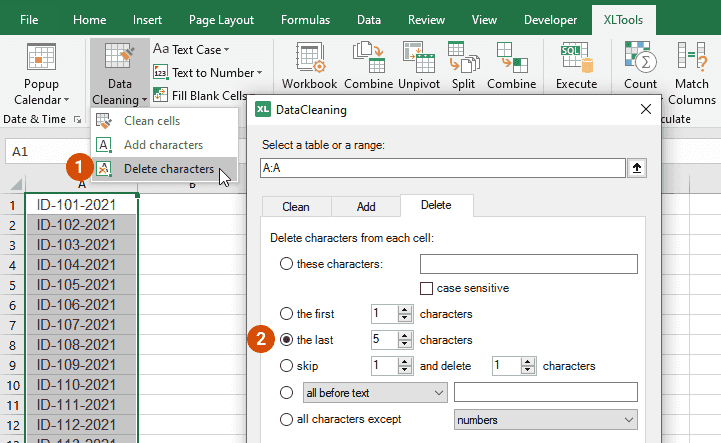 Select the range where to delete characters