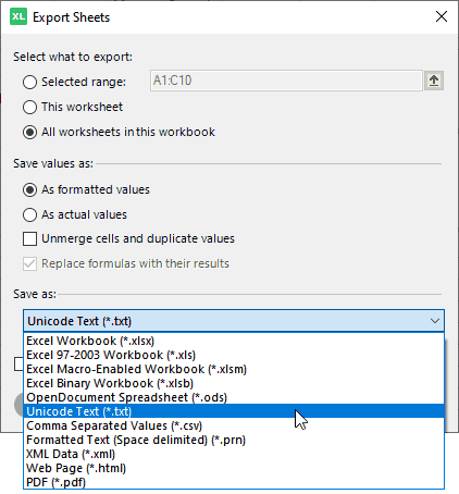 Export worksheets to the most common formats: XLSX, TXT, PRN, XML, HTML, PDF