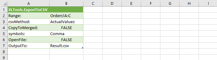 Example of XLTools automation command: ExportToCSV