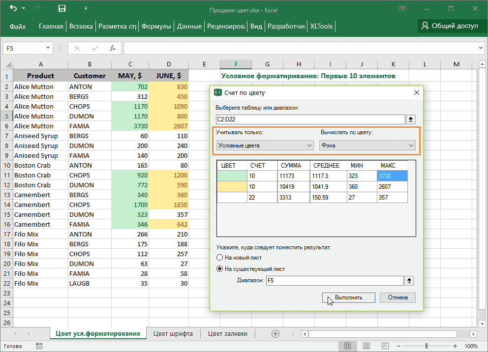 Счет по цвету условного форматирования в Excel