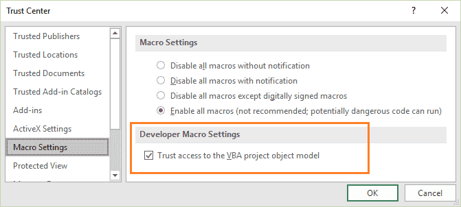 Enable access to the VBA project
