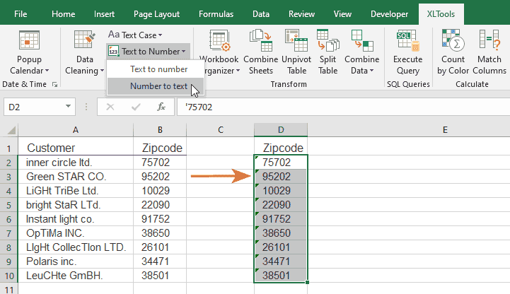 See result: numbers are converted to text format by adding an apostrophe