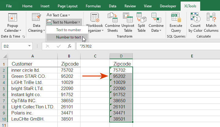 See result: numbers are converted to text format by adding an apostrophe