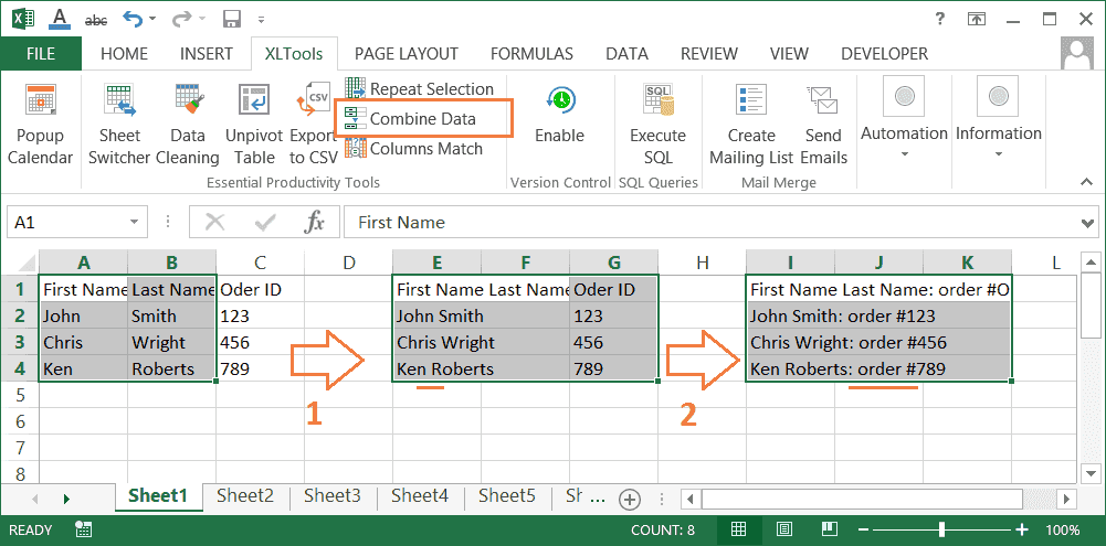 How to combine cells data using different separators