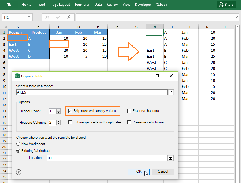 Flatten a crosstab table: skip empty cells