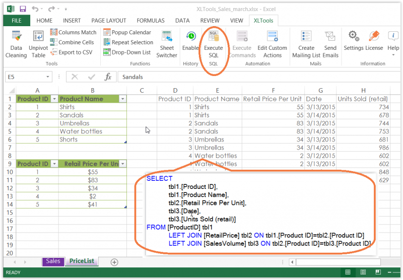 How to left join Excel tables with XLTools SQL Queries add-in