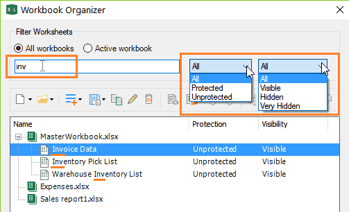 filter worksheets in a workbook