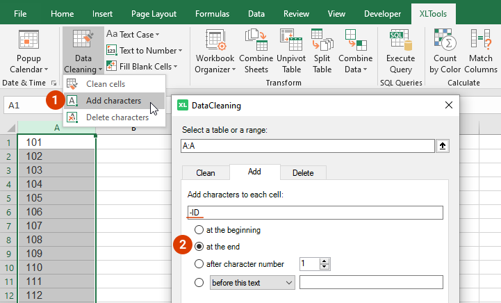 Select the range to where to add the substring