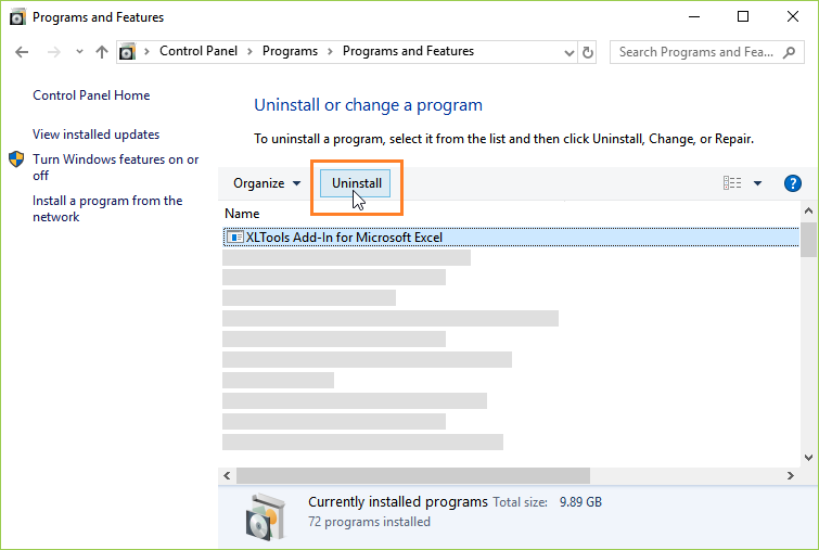 How to uninstall XLTools add-in via Control Panel