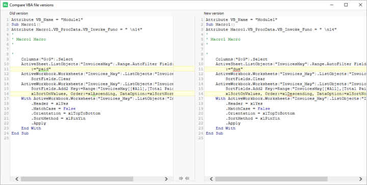 Version Control: compare two versions of Excel macro and see the changes highlighted