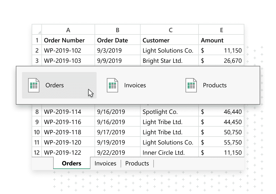 Switch between Excel sheets closeup