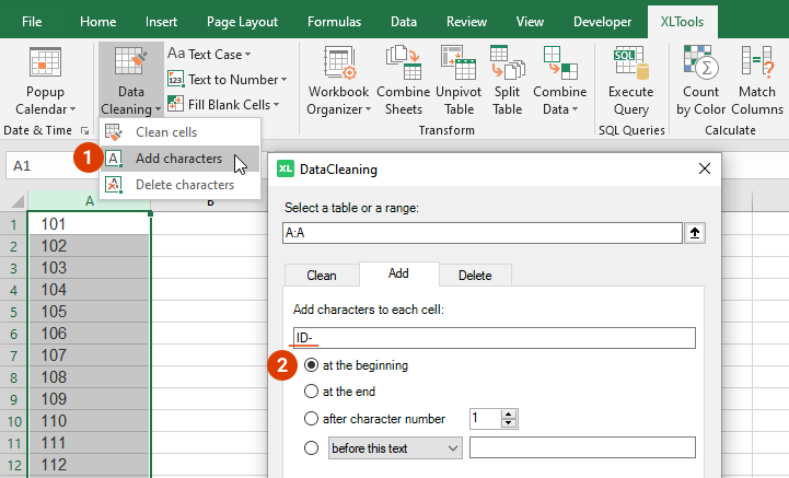 Select the range to where to add the substring
