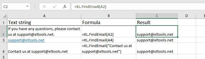 How to use FindEmail function for Excel: formula and results
