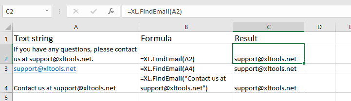 How to use FindEmail function for Excel: formula and results
