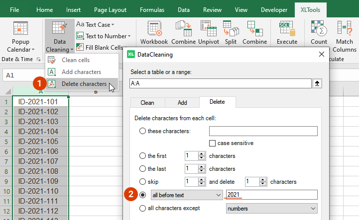 Select the range where to find and delete characters