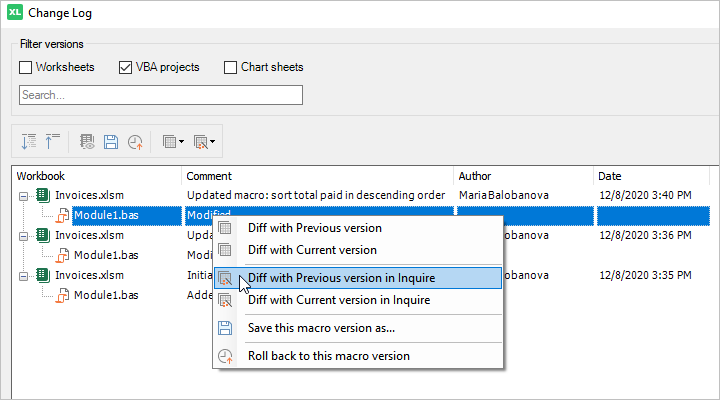 Version Control: how to diff VBA module with the previous or current version in Inquire