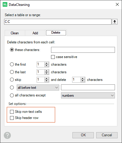 How to set options for deleting substrings from Excel cells