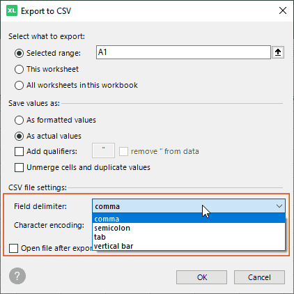 Export Excel tables to CSV with a comma, semicolon, tab or pipe delimiter