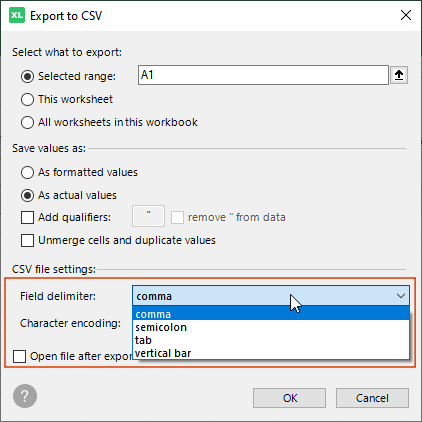 Export Excel tables to CSV with a comma, semicolon, tab or pipe delimiter