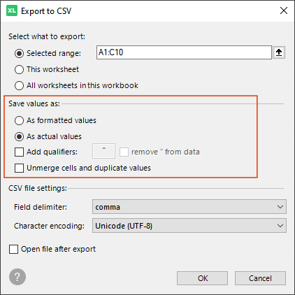 Set processing options to export Excel data to CSV