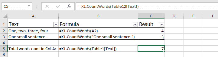 How to use CountWords function for Excel: formula and results