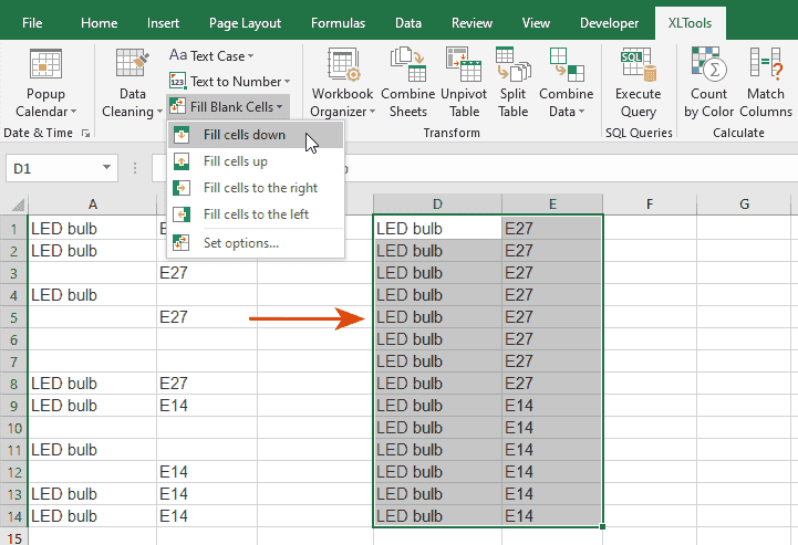 How to fill blank cells down with the nearest values