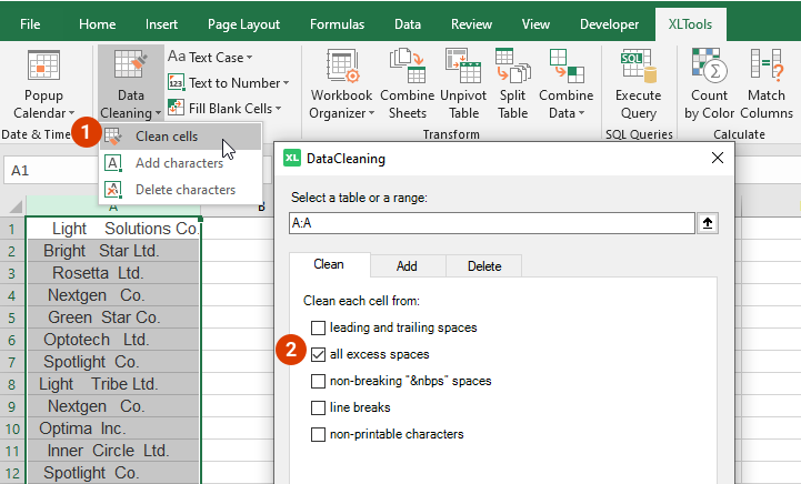 Select the range to clean from excess spaces