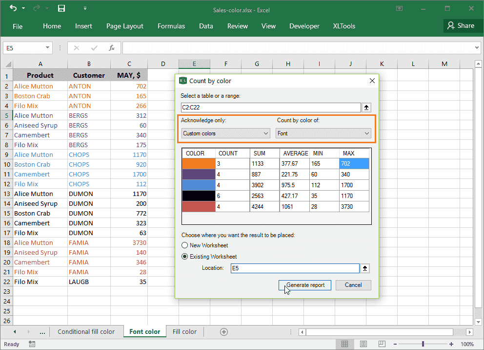 Count values by font color in Excel