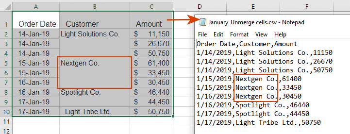 Set option: unmerge cells when exporting to CSV