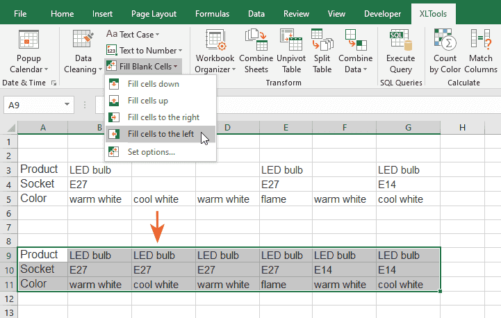How to fill blank cells to the left with the nearest values