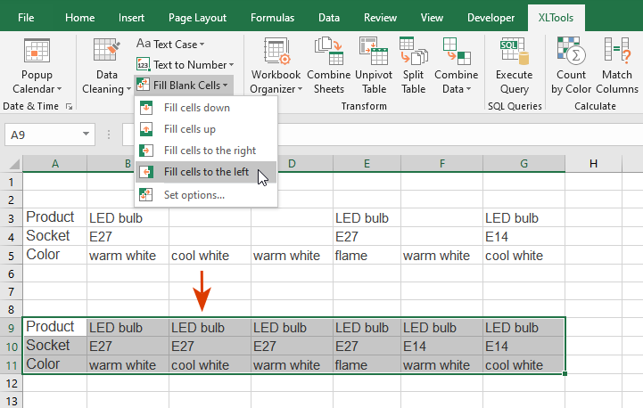 How to fill blank cells to the left with the nearest values