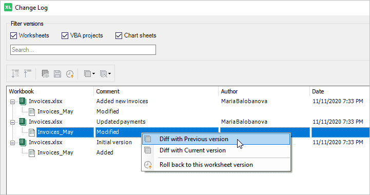 Version Control: how to diff a worksheet version with the previous or current versions