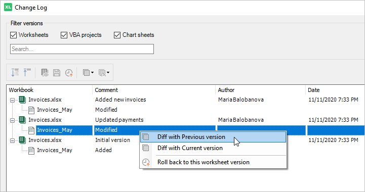 Version Control: how to diff a worksheet version with the previous or current versions
