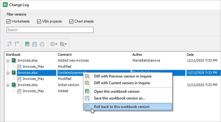 Version Control: how to open or roll back to a previous workbook version