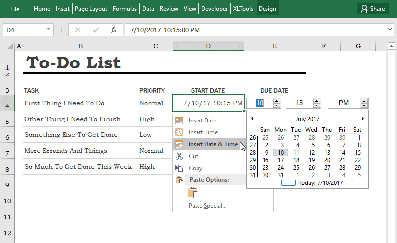 how do i insert a calendar in excel for bill payments